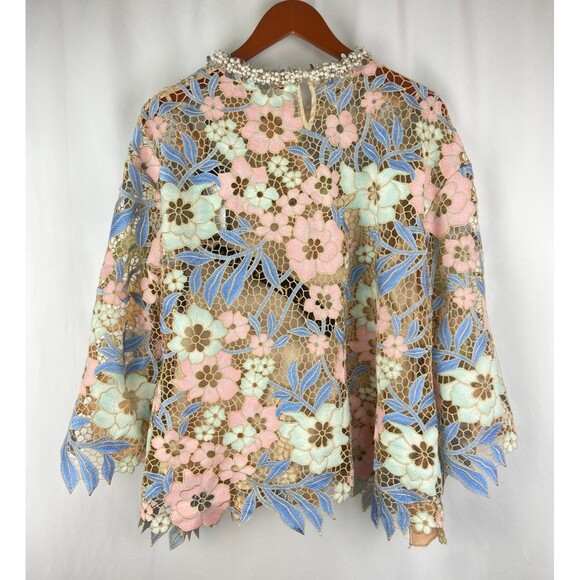 NWT Rich Radi Q's Womens Small Custom Guipure Lace Floral Top Pink Blue Elegant - Picture 5 of 16